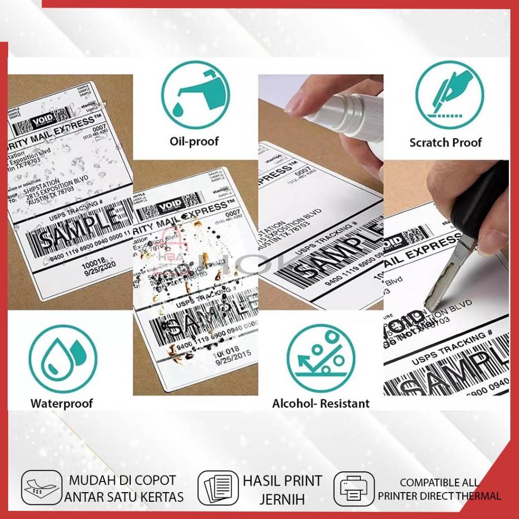

HJK Kertas Thermal ROLL Uk 78x100 100x100 100x150 Isi 500 PCS Cetak Sticker Printer Resi Paket Usaha