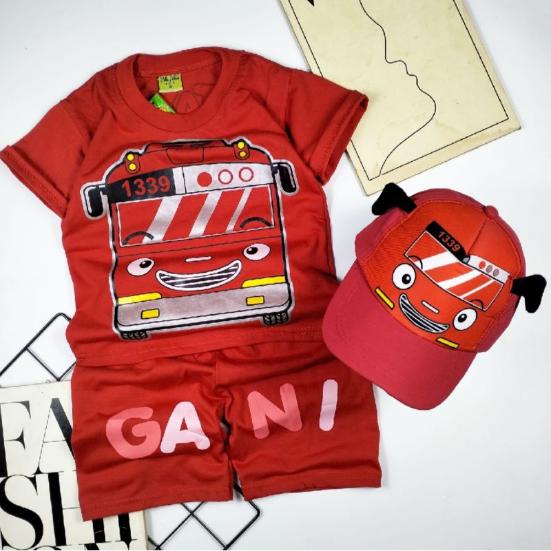 T.J STELAN ANAK LAKI-LAKI DAN PEREMPUAN LENGAN PENDEK TERBARU MOTIF TAYO MERAH SET TOPI USIA 1-10 TA