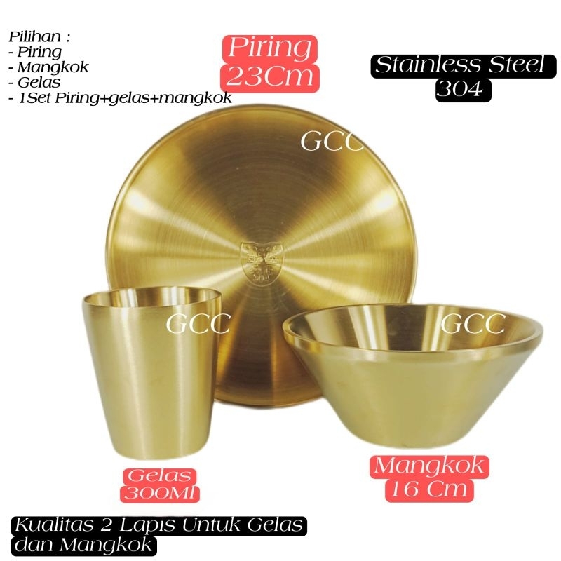 A1 Mangkuk Piring Gelas Gol Set Alat Makan Sultan Warna Emas SUS304 Premium Piring Gold 23cm Mangkok