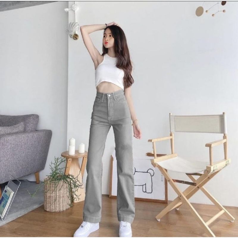High Waist Jeans Wanita Loose Kulot Korean Style