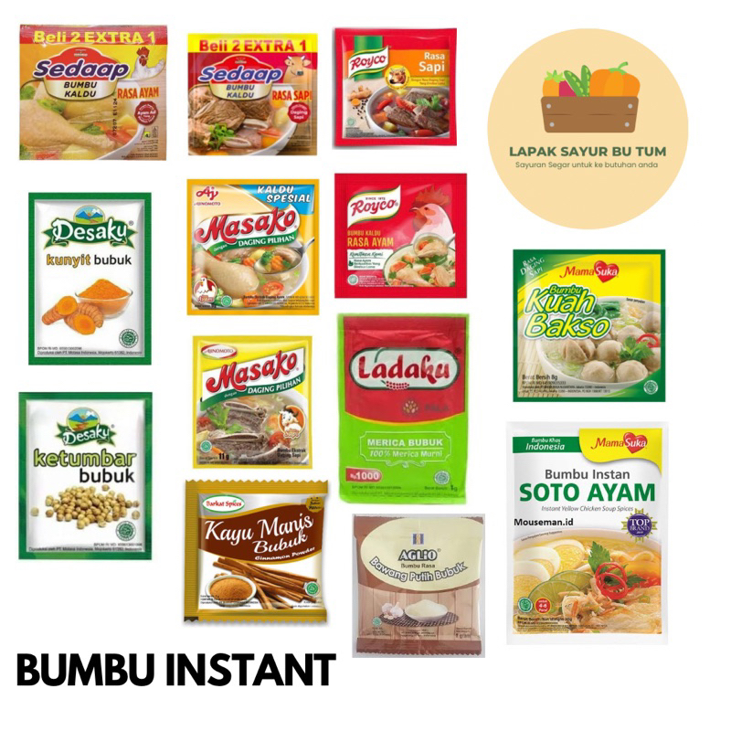 

Sayuran Segar - Bumbu penyedap royco ayam/royco sapi/sedaap ayam/sedaap sapi/masako ayam/masako sapi/desaku ketumbar bubuk / kunyit bubuk / ladaku bubuk / mamasuka kuah baso / mamasuka soto ayam / kayumanis bubuk / bawang putih bubuk - Lapak Sayur Bu Tum