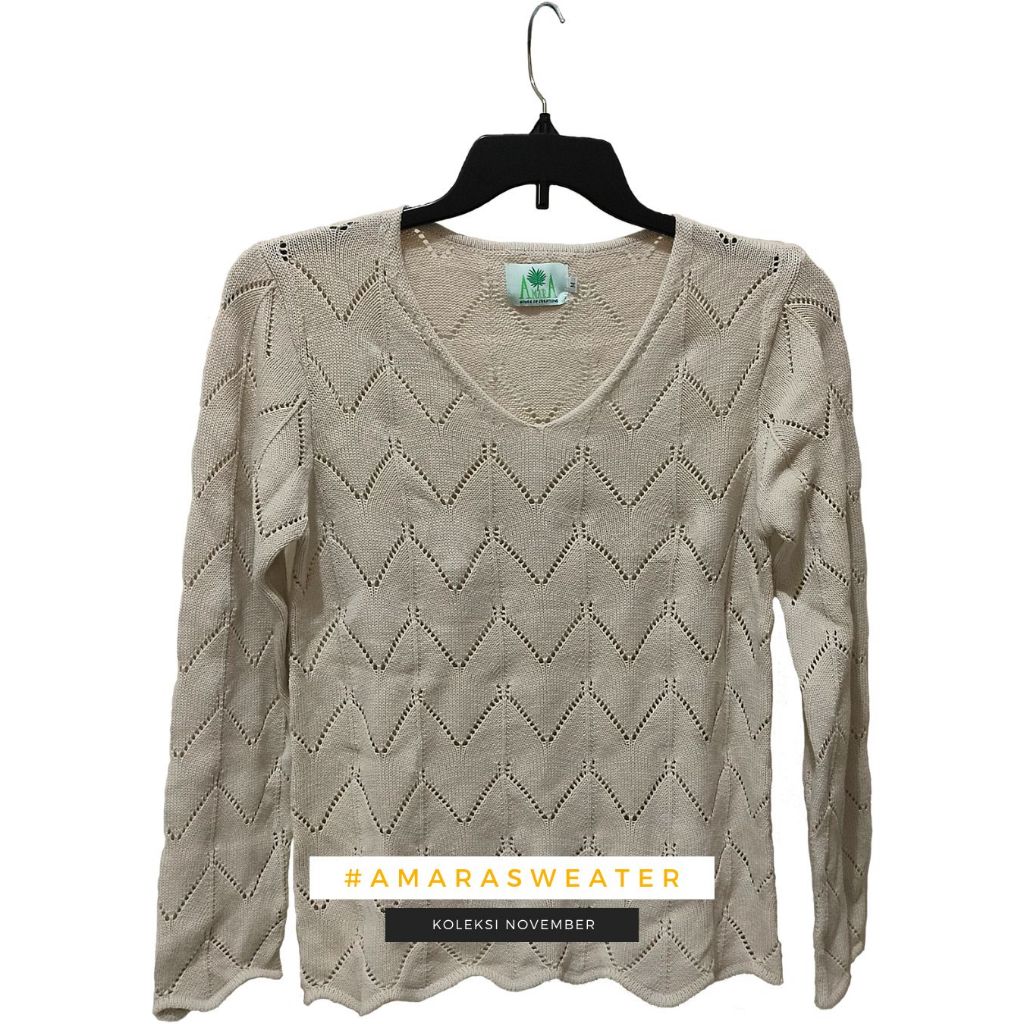 amara Ladies Wavy V Neck Cream Crewneck Sweater | Sweater Perempuan