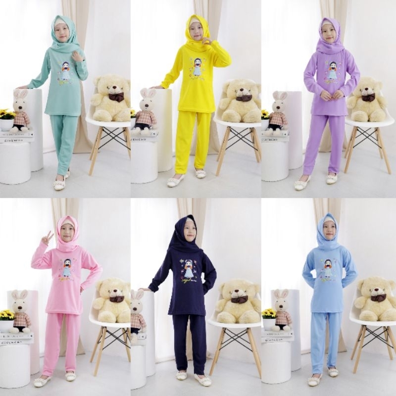 setelan tunik anak perempuan muslim/set baju celana panjang anak usia 6-13 tahun FREE Hijab