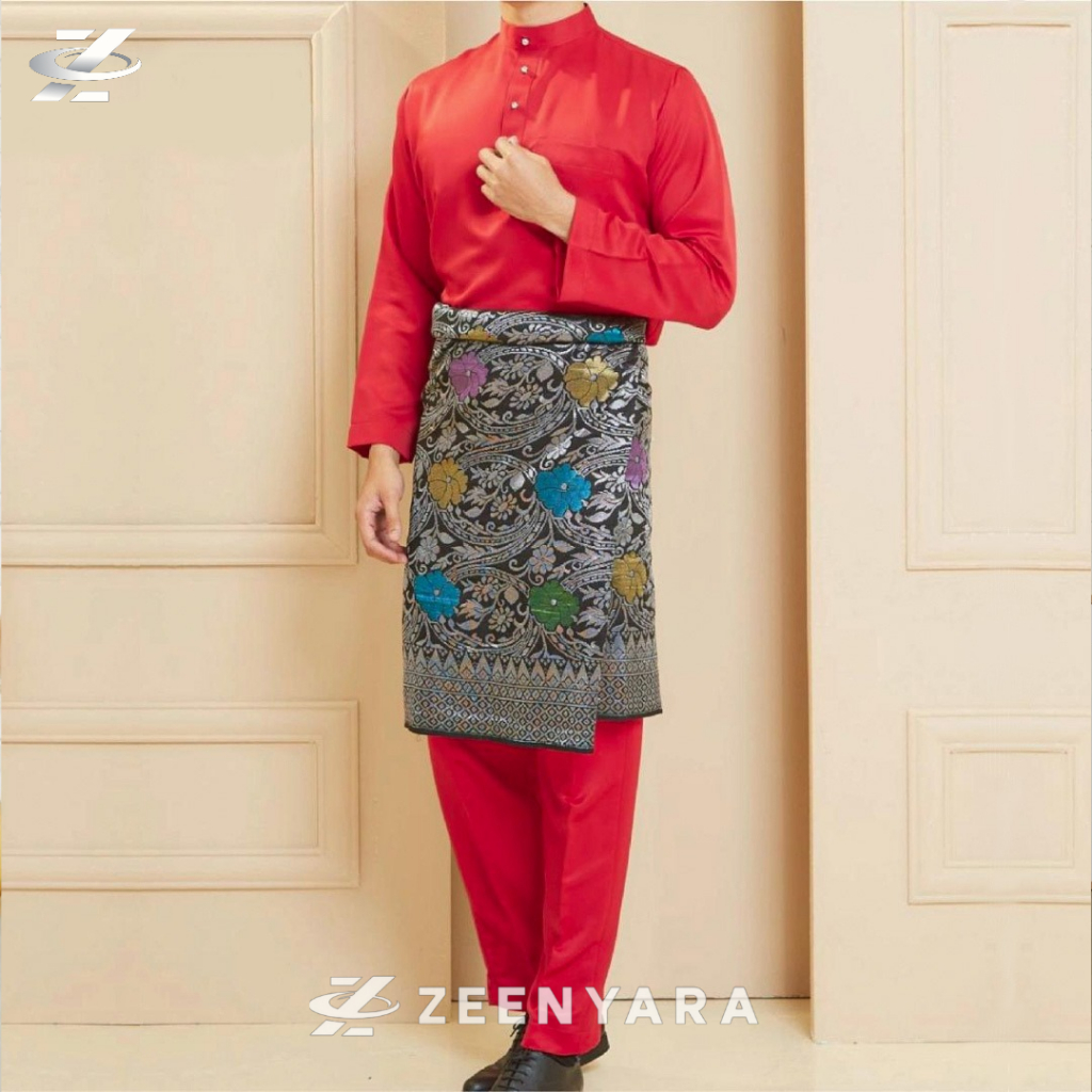 Zayyan Setelan Baju Melayu Pria Modern Satin Velvet Merah Cabe Pakaian Cekak Musang Koko Muslim Adat