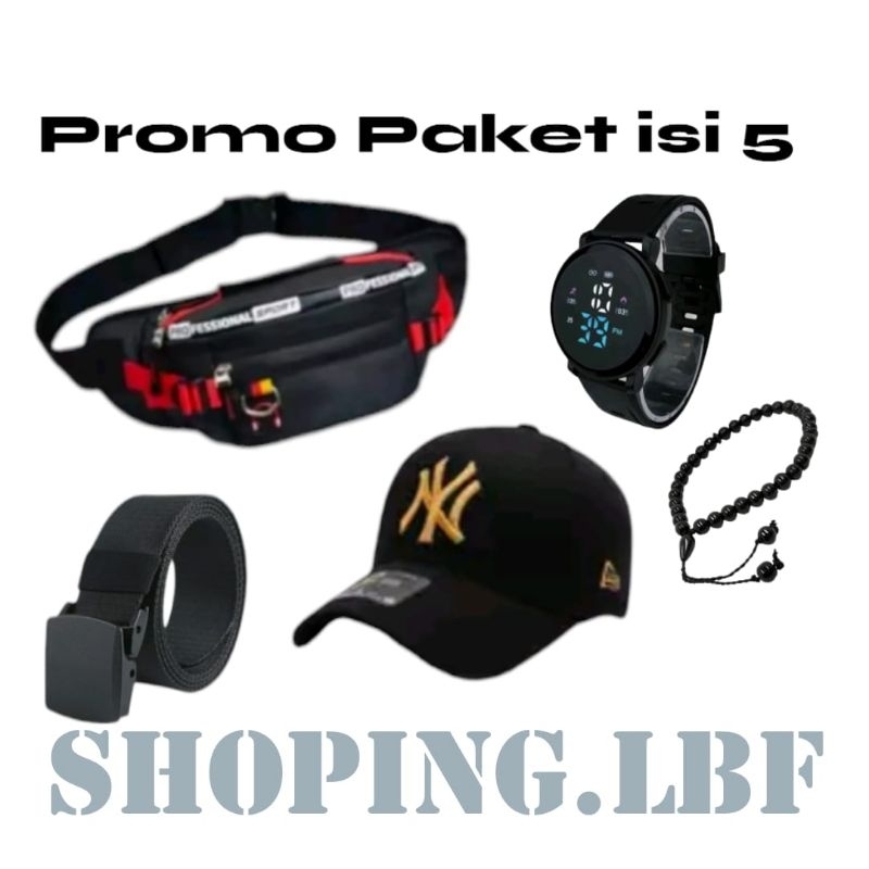 PAKET AUTO KEREN 5IN1 TAS SLINGBAG PRIA JAM LED TALI RUBBER - TOPI BASSEBAL PRIA - IKAT PINGGANG - G