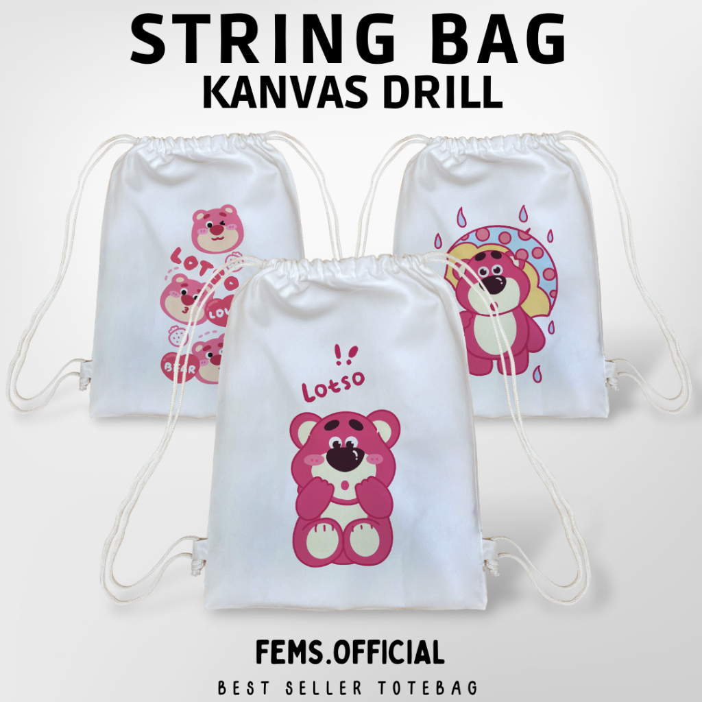 Tas Serut Kanvas Aesthetic String bag Kartun Putih Premium