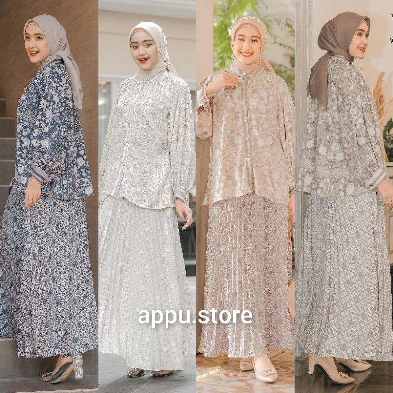 Mitza One Set Rok Wanita Kekinian Peach Print Bunga LD 115 / Baju Setelan Jumbo Outfit Kondangan Ter