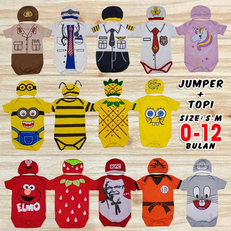 Baju Bayi Karakter Jumper Baby Lucu Profesi Seragam SD Pilot Polisi Dokter Set Pakaian Anak Balita R