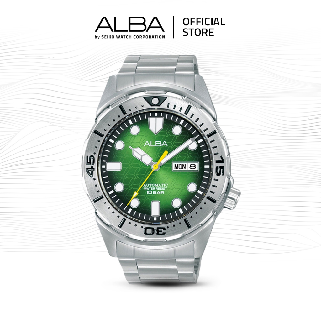 Alba Mechanical Jam Tangan Pria AL4443 / AL4443X1 Automatic Green Pattern Dial Stainless Steel Strap