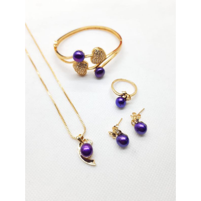 BERSERTIFIKAT SET PERHIASAN WANITA KALUNG GELANG ANTING CINCIN MUTIARA AIR TAWAR LOMBOK UNGU