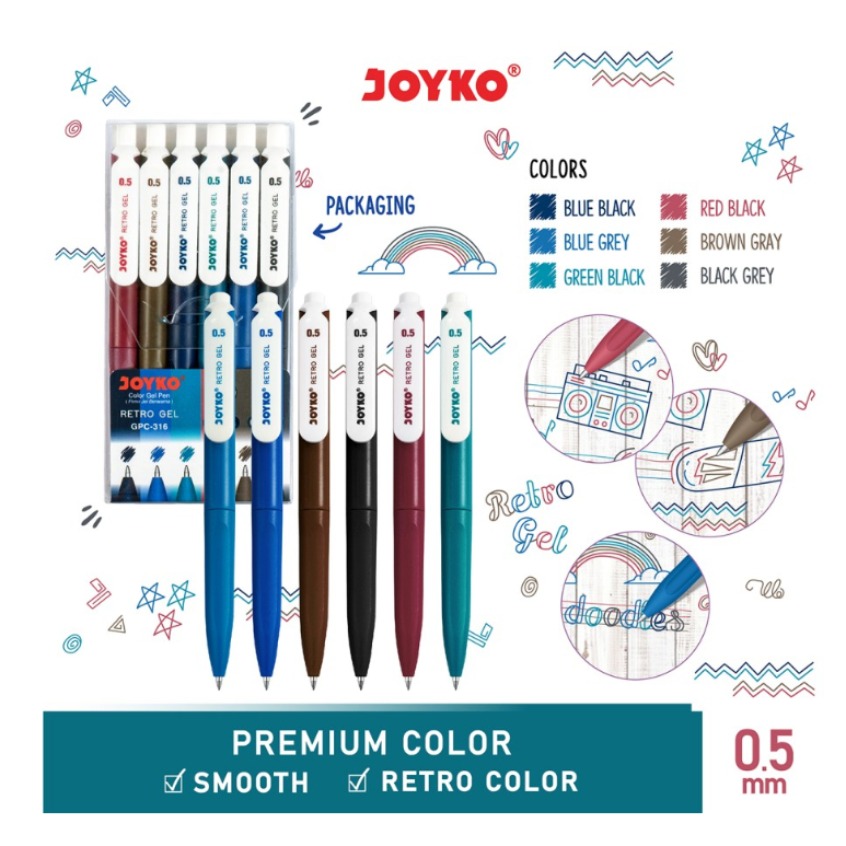 

Color Gel Pen 0.5 mm Pena Jel Warna Joyko GPC-316 Retro Gel Set 6 Warna