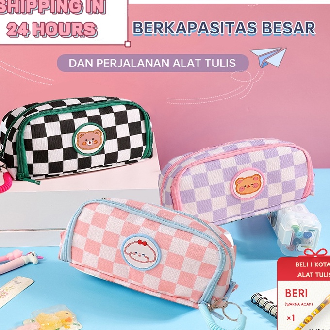 

HJ6 Tempat Pensil motif Kartun Beruang Sleting Korea Aesthetic Lucu Import Pencil casePremiumPlaid Zipper Kompartmen Imutkotak pensil