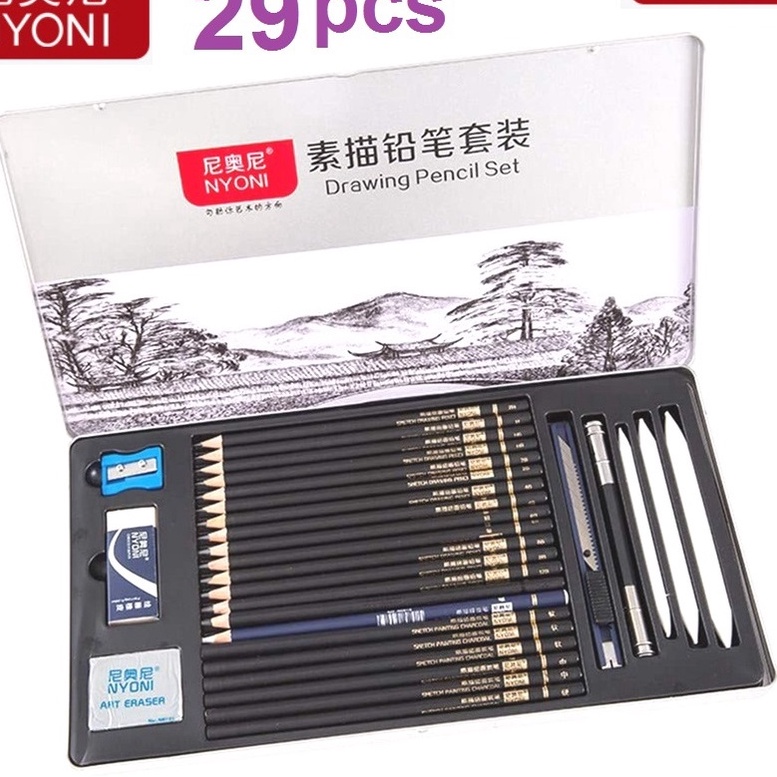 

Grosir Nyoni Drawing Pencil Gambar Set 29pcs Metal Tin Box Pensil Gambar Lukis Sketsa Lengkap Paket