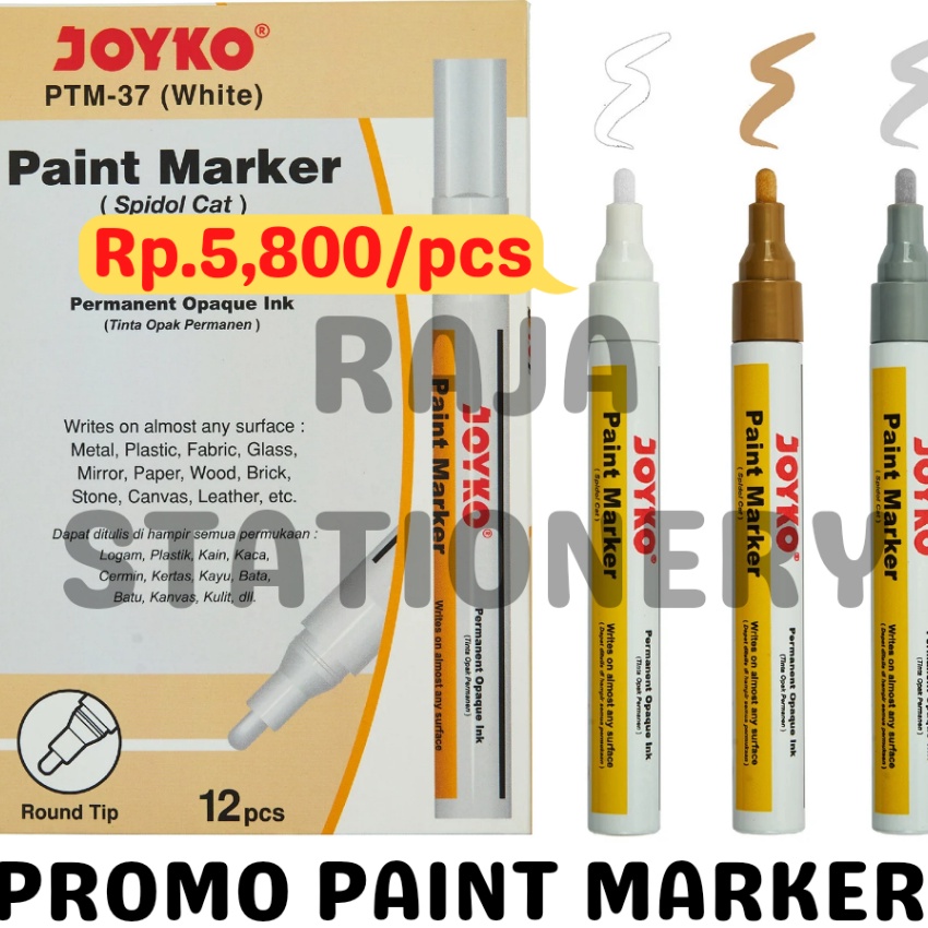 

Premium JOYKO PERMANENT PAINT MARKER WHITE GOLD SILVER BLACK SPIDOL KACA CAT PUTIH EMAS ABU HITAM 12PCS