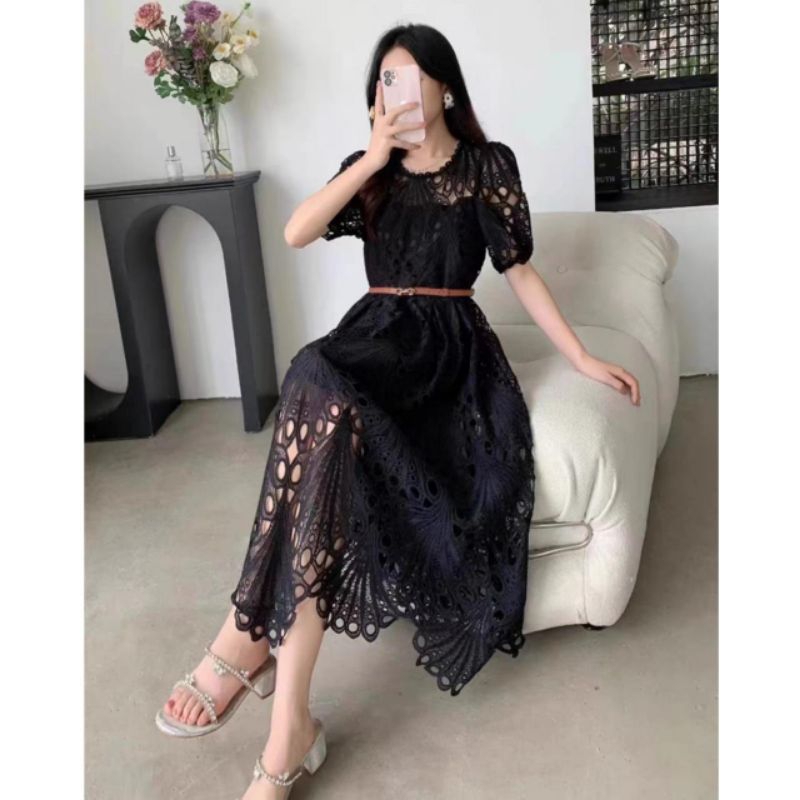 53200 Baju DRESS MARSHA EMBROIDERED LACE BORDIR DRES KATBOL KATUN BOLONG pink hitam hijau putih kuni