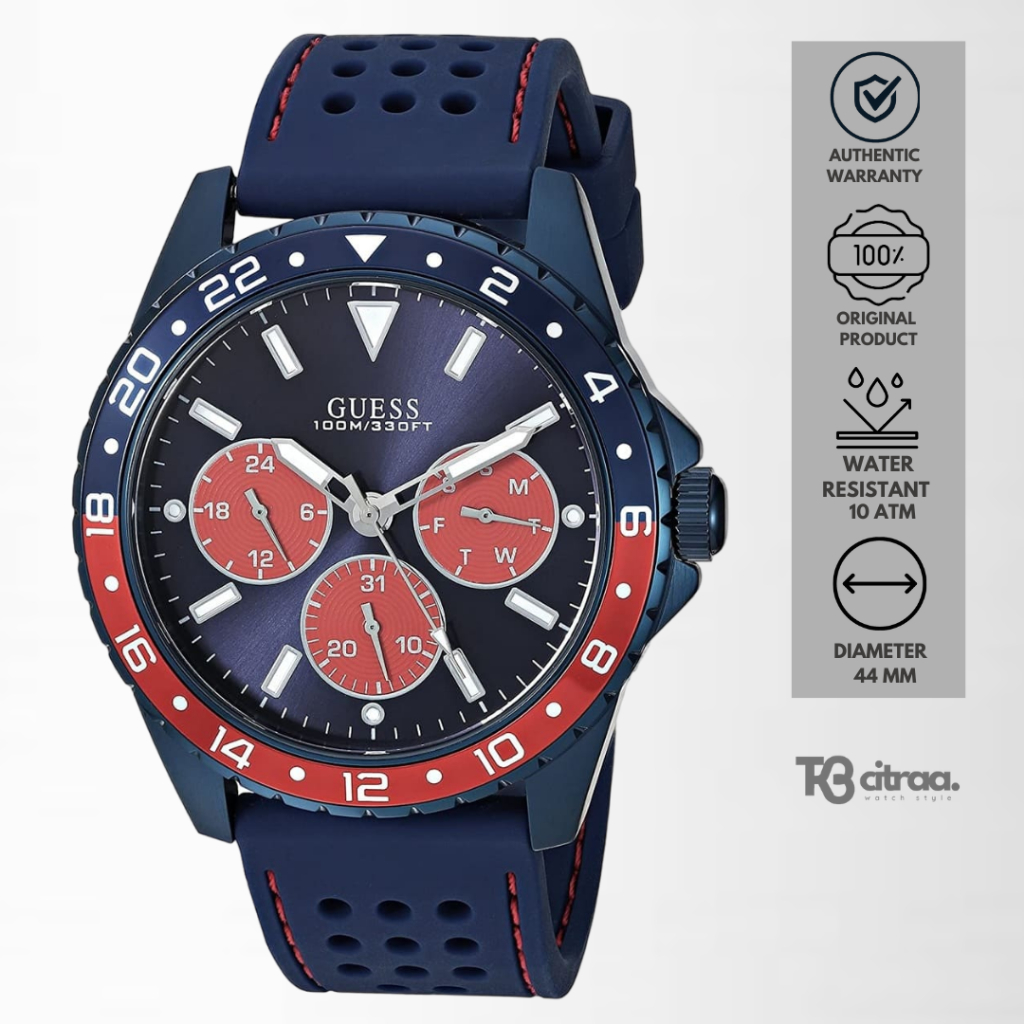 jam tangan fashion pria Guess Odyssey analog strap rubber silicone red blue cowok Chronograph multif