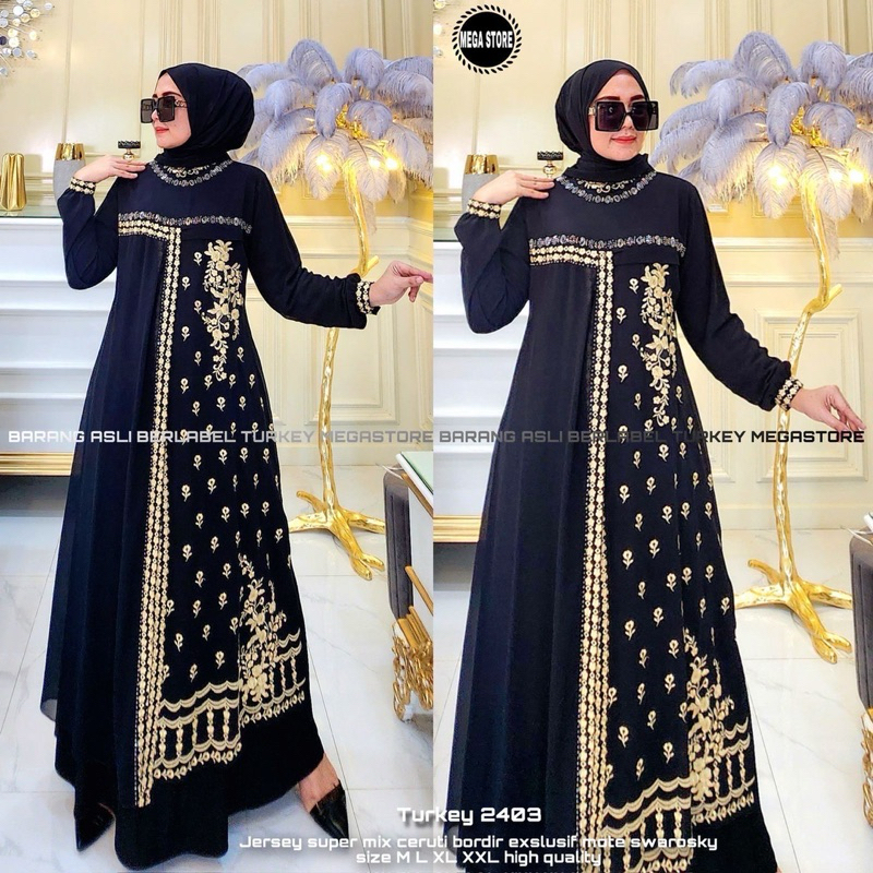 DRESS TURKEY BLACK HITAM BAJU GAMIS ITEM GOLD SILVER TERBARU MEWAH PREMIUM SIZE JUMBO M L XL XXL BUS
