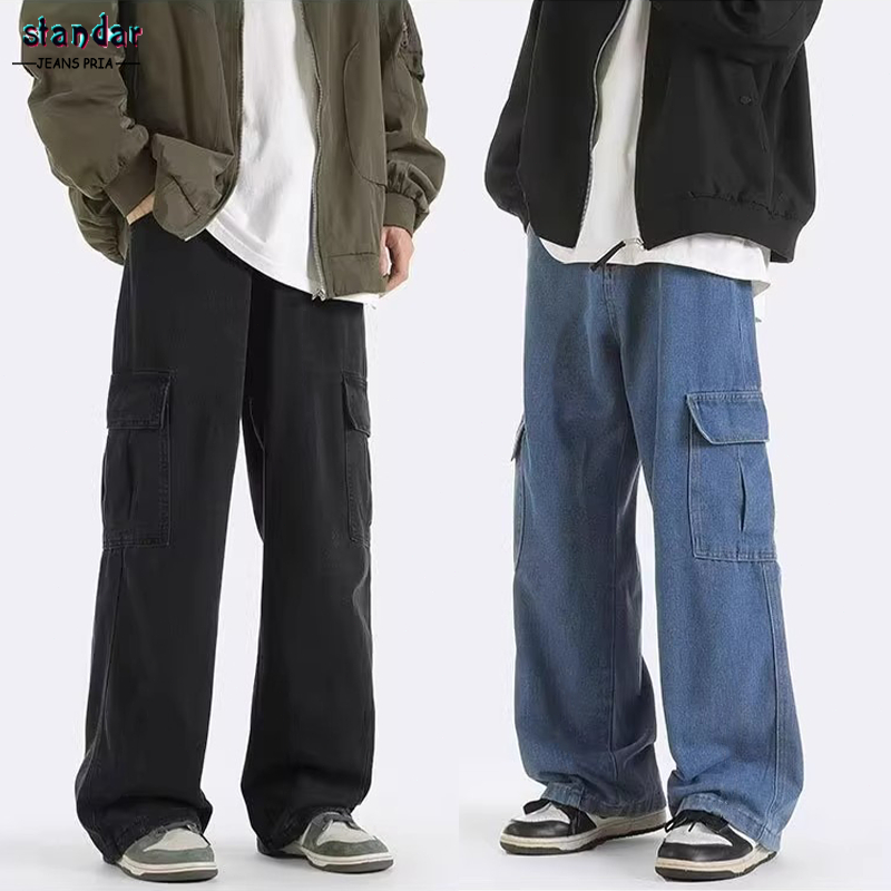 celana cargo panjang pria celana jeans cargo pria kulot jeans pria Korean style loose blue jeans