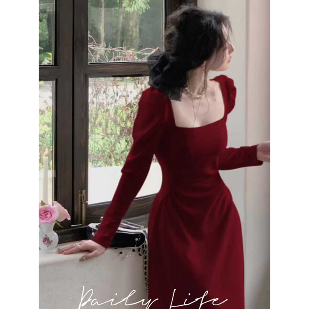 Midi Dress Merah Wanita Press Body Lengan Panjang Kekinian Casual Dress Terbaru Lebaran 2025 Gaun Me