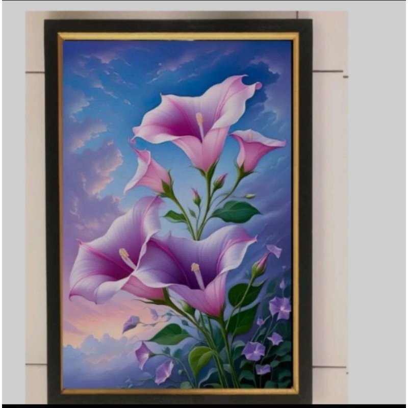 Hiasan dinding lukisan cetak Bunga terompet pink plus bingkai UK 35x52cm