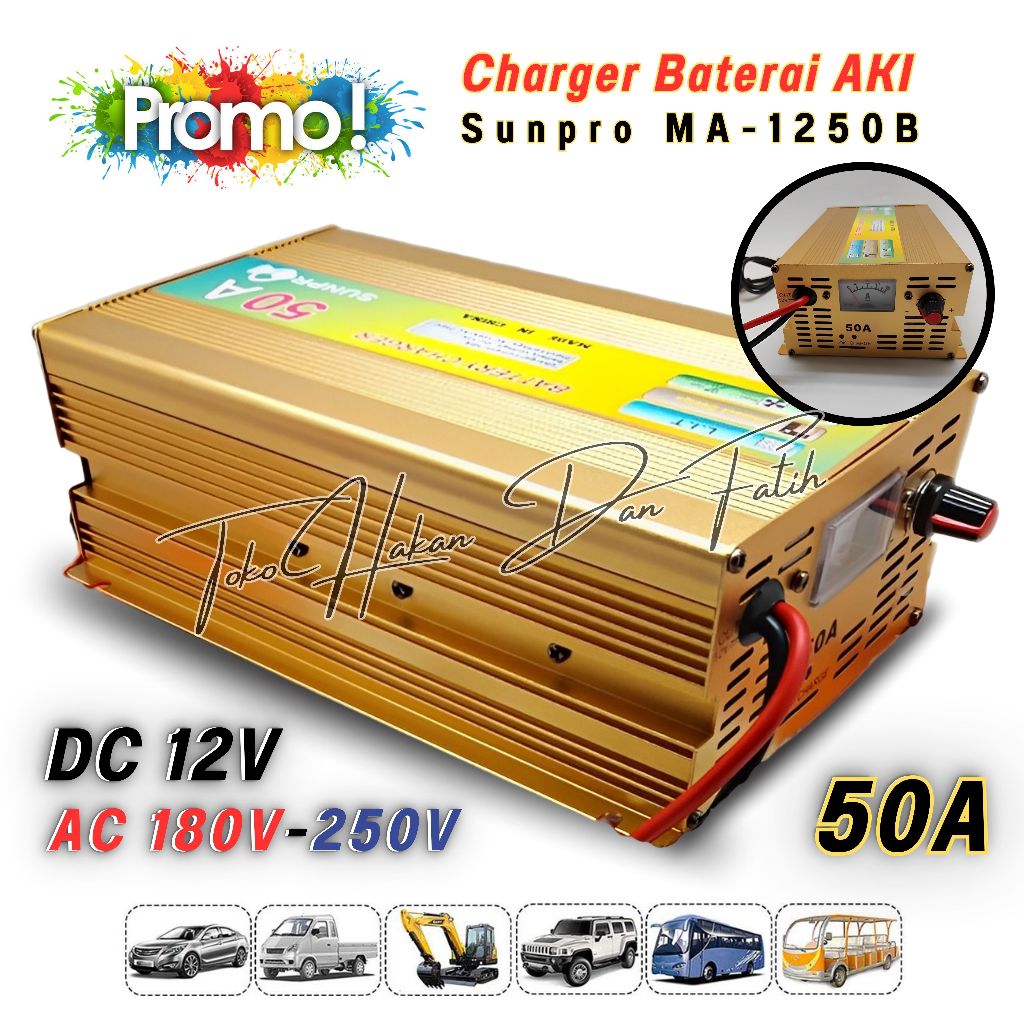 Charger Aki/Cas Aki Mobil Motor MA 1250B - DC 12V 50A Plus Protection SUNPRO 50 Amp - Battry Charger