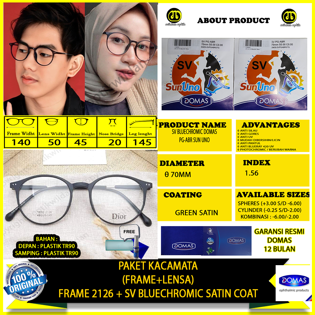 PAKET KACAMATA (FRAME+LENSA) 2126 BLUECHROMIC DOMAS SUN UNO