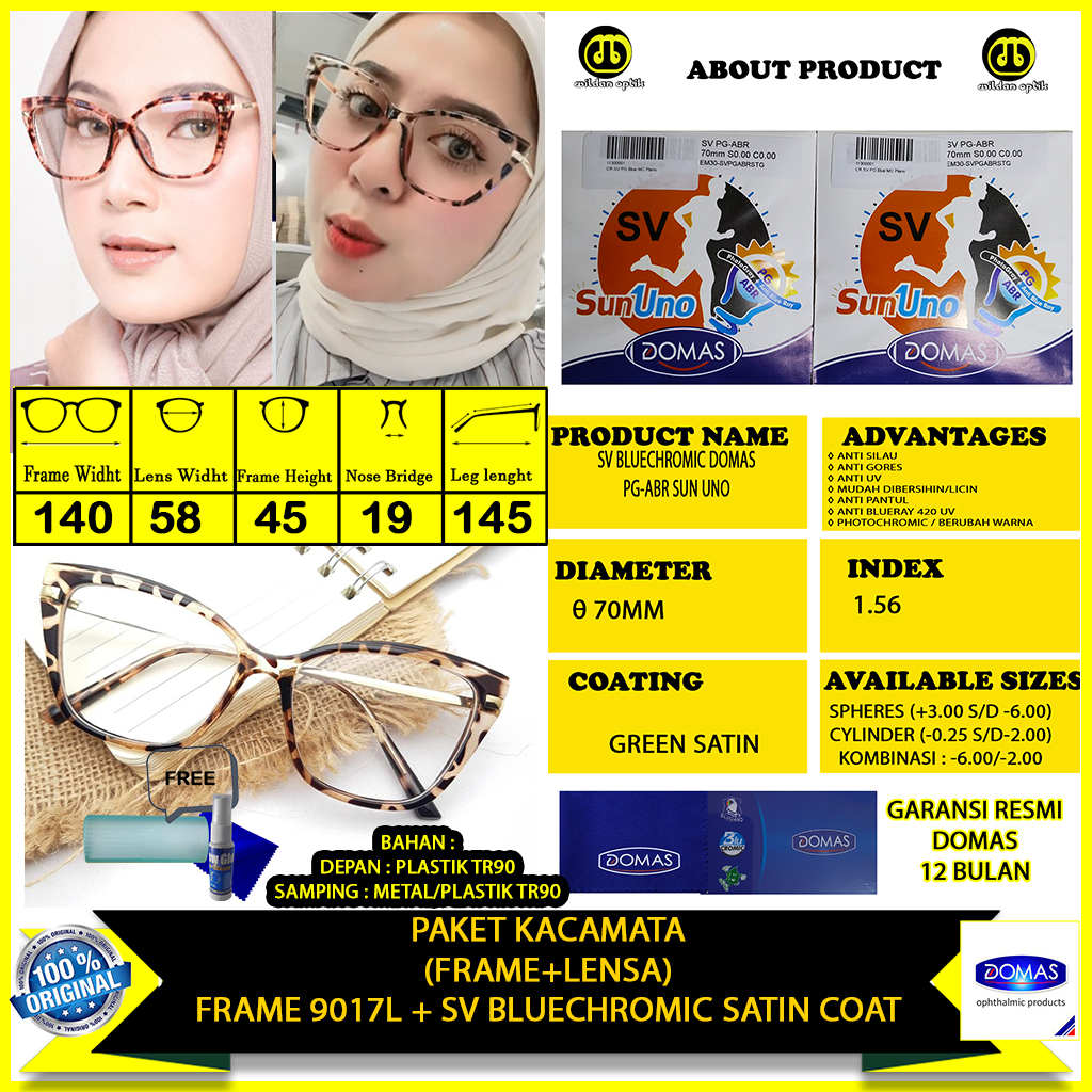 PAKET KACAMATA BLUECHROMIC SUN UNO DOMAS FRAME 9017