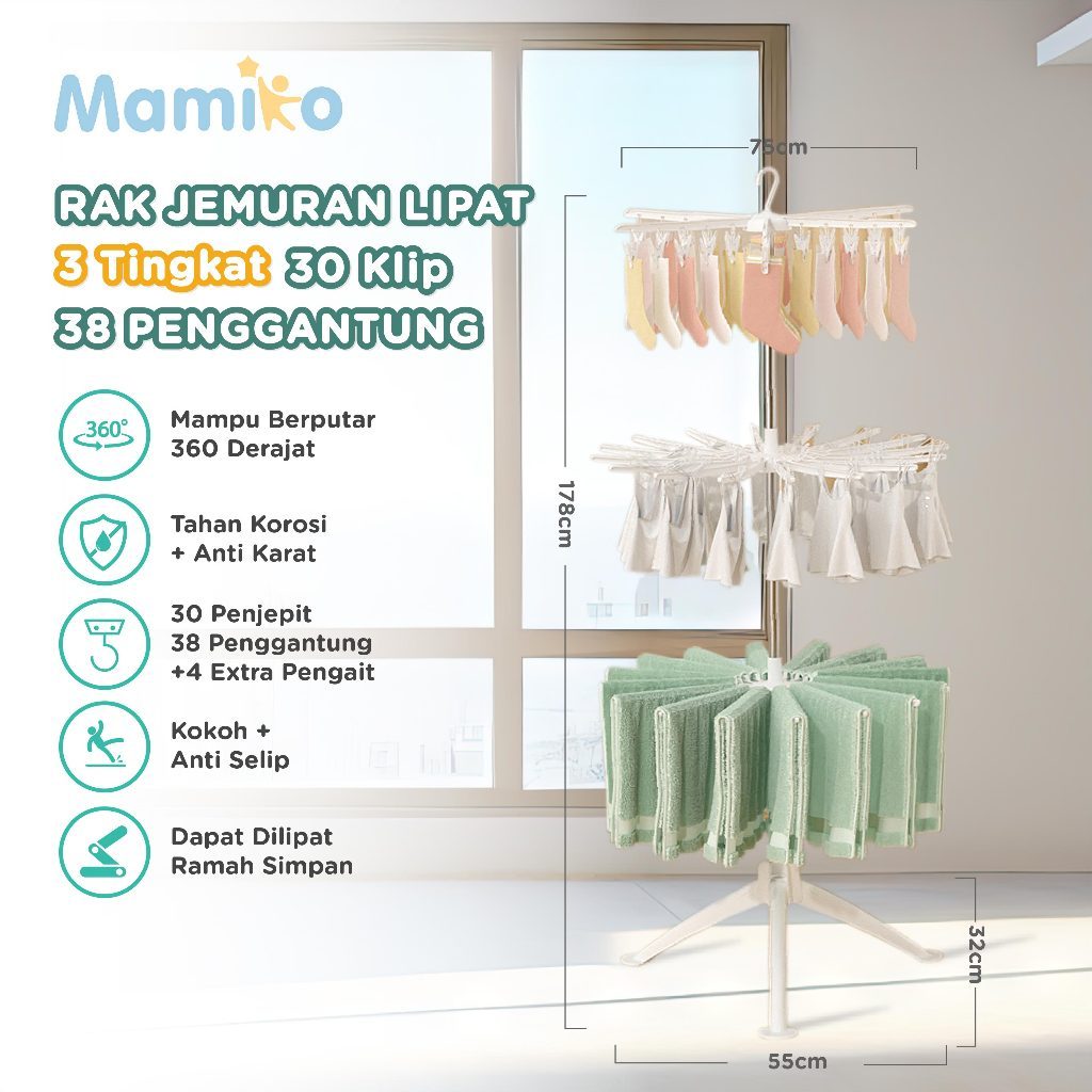 Mamiko Rak Jemuran 2 tingkat / 3 Tingkat | Jemuran Baju Bayi Lipat | Multifunctional Folding Hanger 