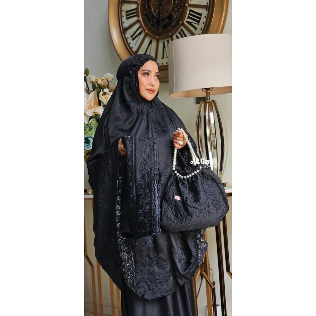 Mukena Set Sajadah premium hitam full Terbaru Mukena Umroh haji Algani