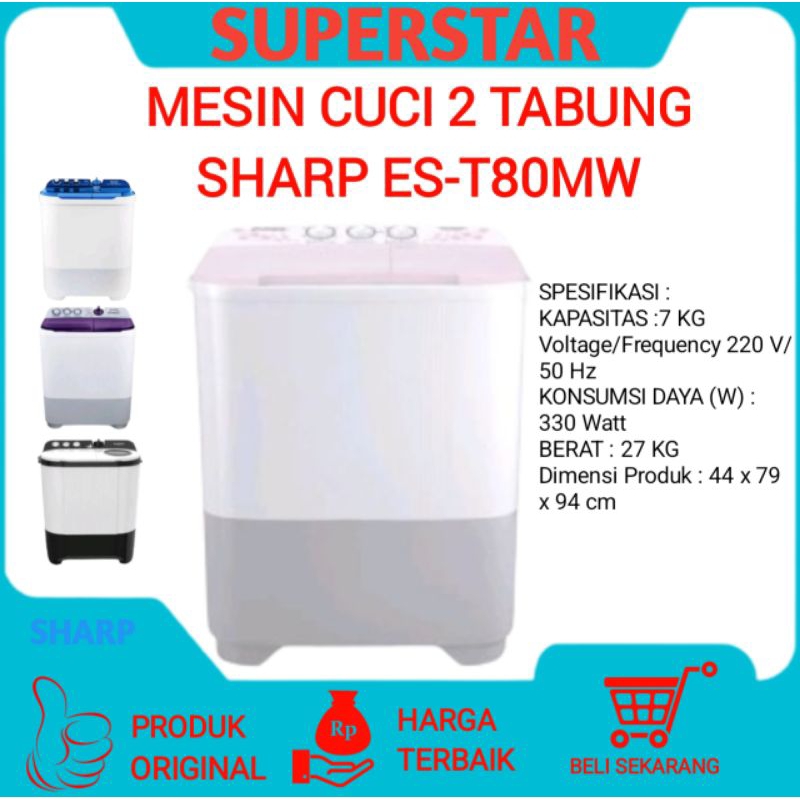 Mesin cuci sharp est 80mw Mesin cuci 2 tabung SHARP ES-T80MW