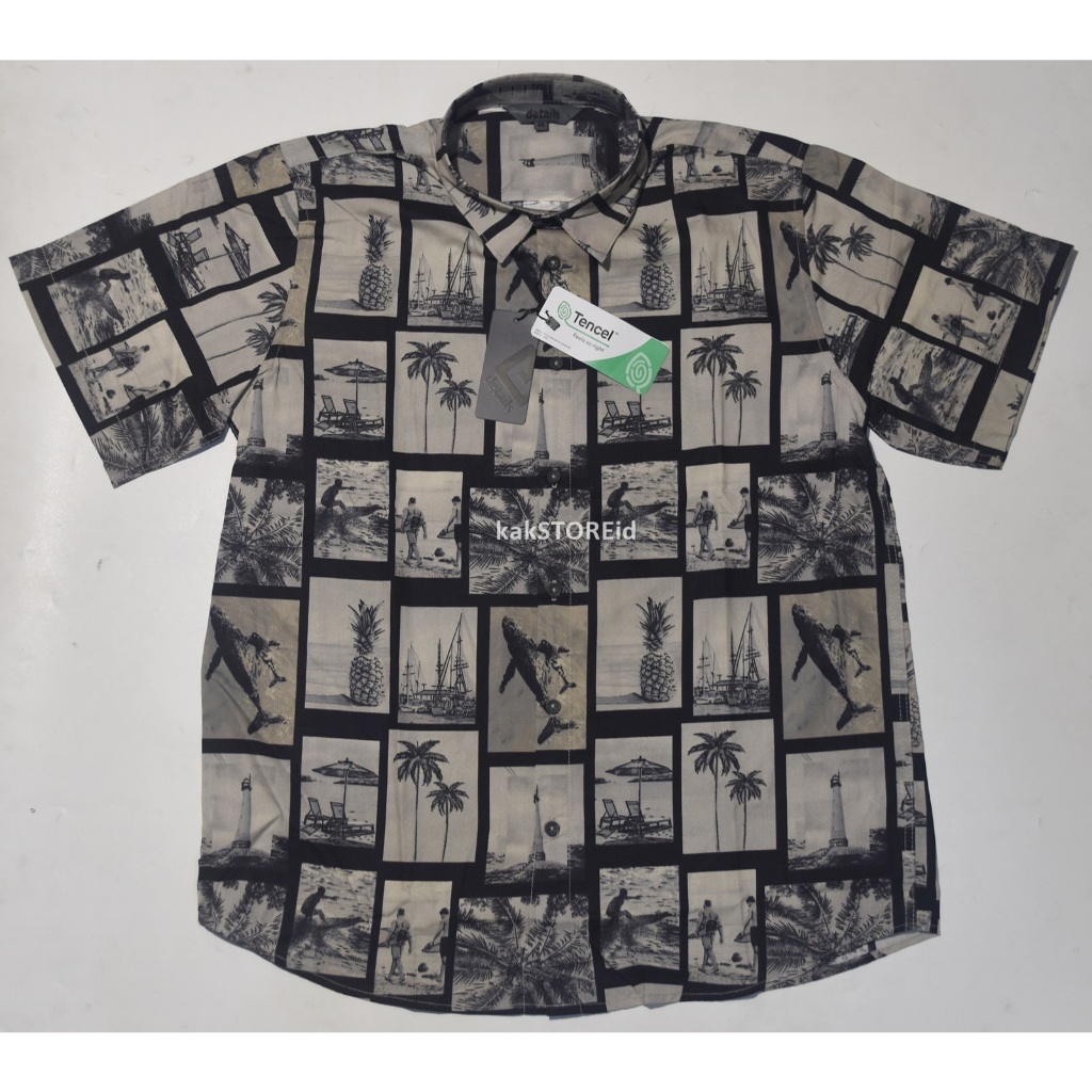 Kemeja Katun Tencel Kotak-Kotak Coklat Pria DETA*** Outer Pantai Lengan Pendek Krem Motif DTS 80