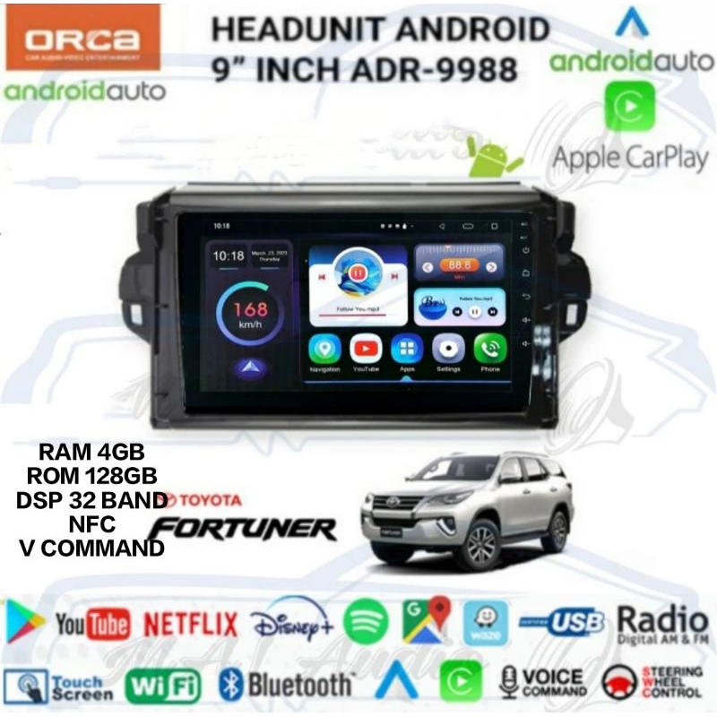 HEAD UNIT TAPE TV MOBIL DOUBLE DIN ANDROID ORCA UTK TOYOTA FORTUNER 2015-2019 LAYAR 9 INCH