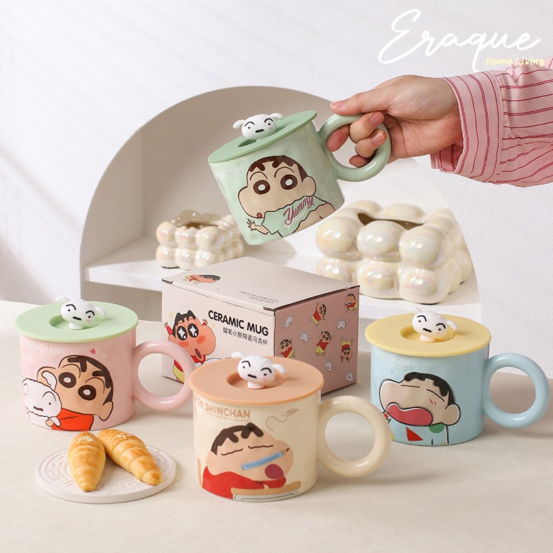 Shinchan Mug A / Gelas Cangkir Mug Dengan Tutup Karakter Shinchan Keramik Hadiah Kado Anak Lucu Imut