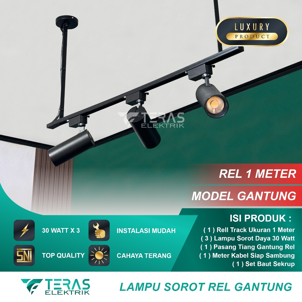 Paket lampu sorot rel 1 set isi 3 lampu sorot gantung rel 1 meter spotlight premium