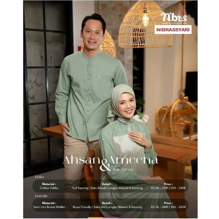 BAJU NIBRAS COUPLE AMEENA & AHSAN / GAMIS SYARI DAN KOKO LENGAN PANJANG / BAJU COUPLE SAGE GREEN TER