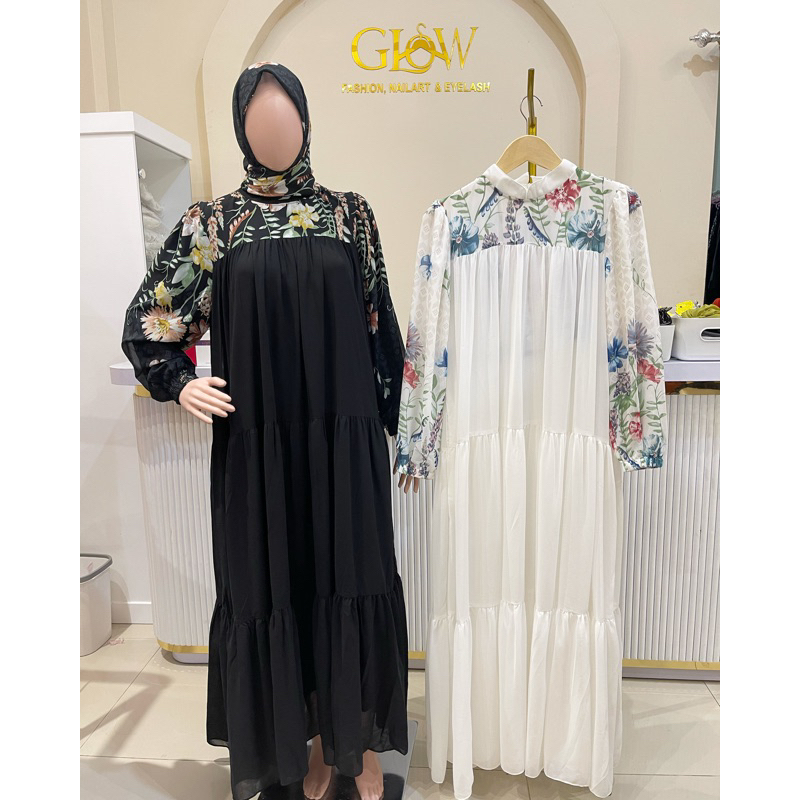 B184 Longdress Motif Bunga/Gamis putih motif/Gamis Hitam motif