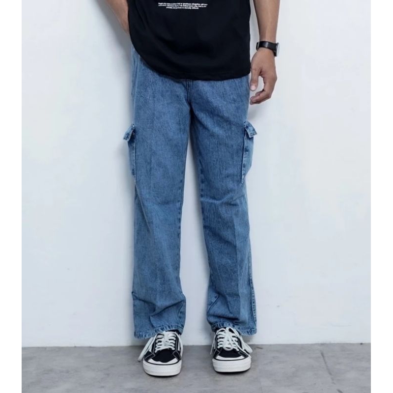 Celana Cargo Pria Lose Gombran-Celana Panjang Jeans Pria Kantong Samping