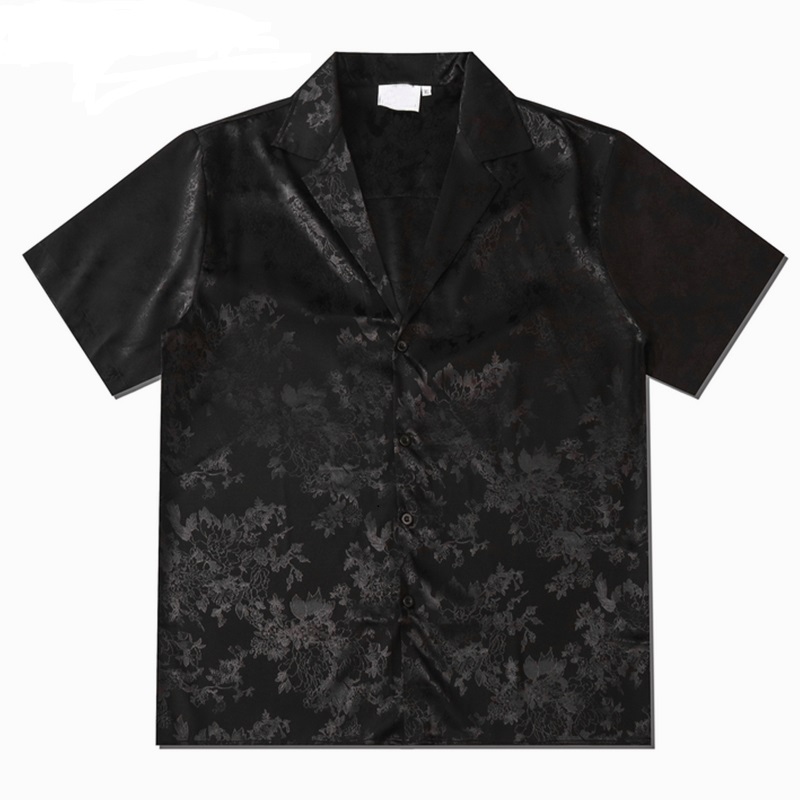 Kemeja Motif Jacquard Pria Bordir Satin Original Hitam Bahan Lembut Keren Pria Kemeja Kasual