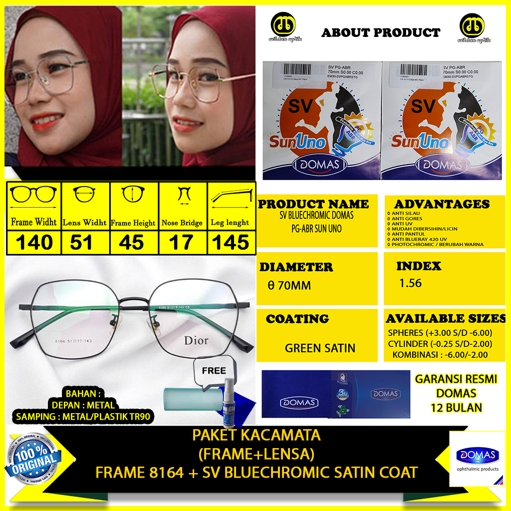 PAKET KACAMATA (FRAME+LENSA) 8164 BLUECHROMIC SUN UNO DOMAS