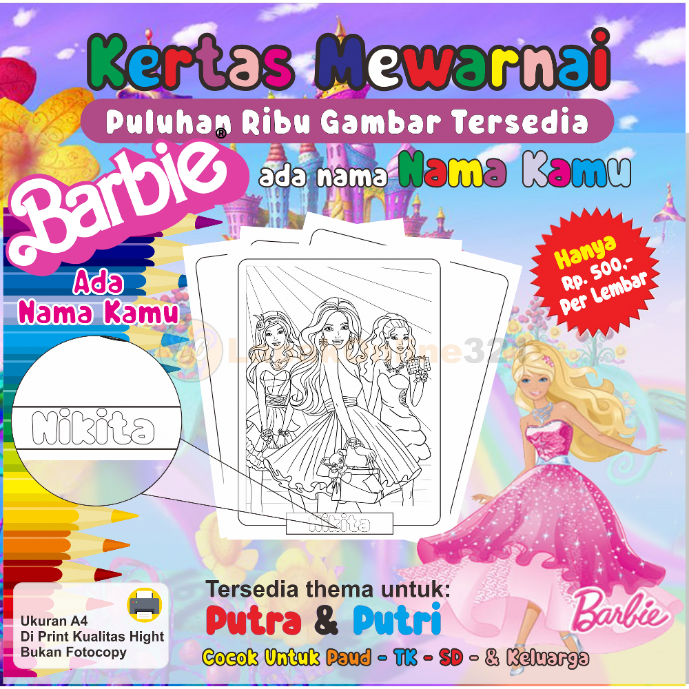 

Anak Pasti Suka ! Mewarnai Gambar Series Gambar Barbie & Kertas Mewarnai Seru untuk Anak-Anak Series Dan Ada Nama Kamu, Ada RIbuan Gambar Yang Menarik Yang Bisa Kamu Pilih Cocok Untuk Anak TK-SD-SMP-Remaja & Keluarga