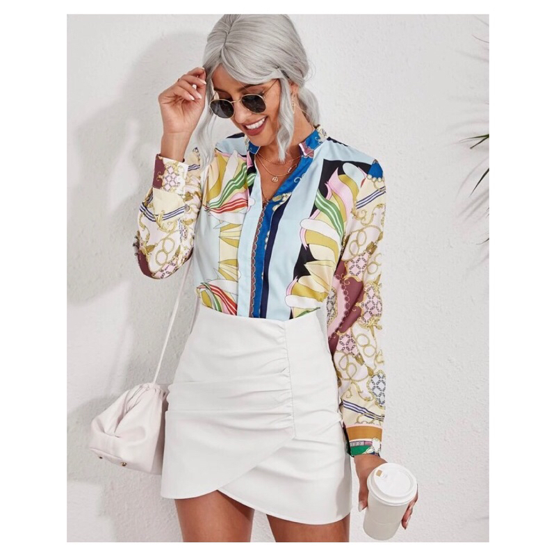 ATASAN WANITA KEMEJA LENGAN PANJANG RETRO PRINTED