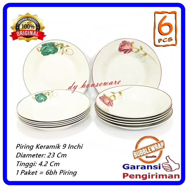 Piring Keramik 9 Inch Diameter 23 Cm Piring Makan Motif Bunga Warna SNI ( Harga 1 Paket 6bh Piring )