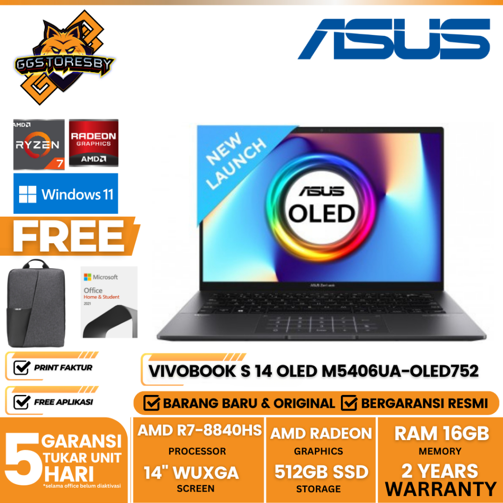 LAPTOP ASUS VIVOBOOK S 14 OLED M5406UA-OLED752 | R7-8840HS 16/512 AMD 14" W11+OHS21