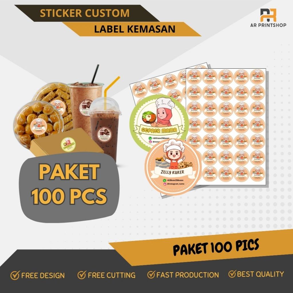 

PAKET 100 PICS CETAK STICKER CUSTOM ,Sticker Makanan Label, Sticker Makanan, Free Cutting Kiss Cut