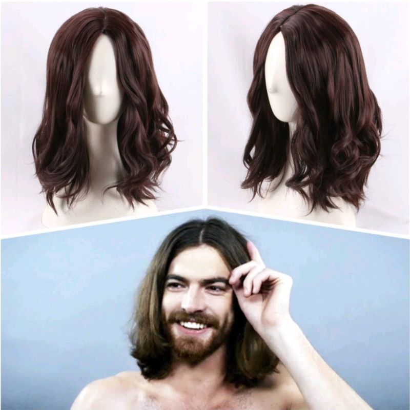 Wig Pria Rambut Gondrong Bergelombang Belahan Tengah Permanen Warna Coklat dan Hitam Gaya Pria Ameri