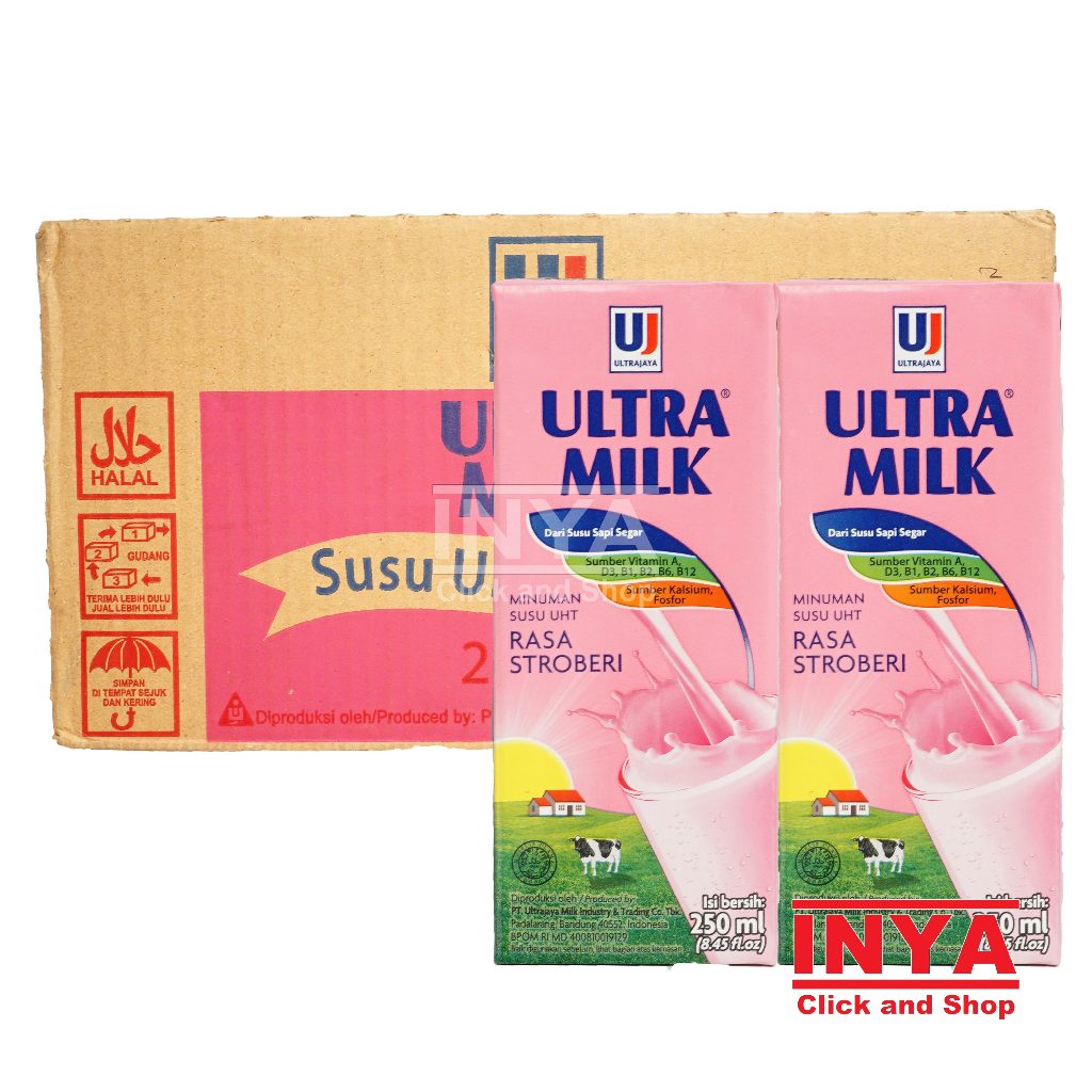 

Ultra Milk Susu UHT Rasa Stroberi 24x250ml BOX - Susu Kemasan - Strawberry Milk Drink