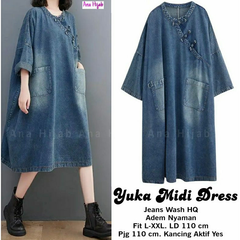 BISA COD // YUKA MIDI DRES MAT SOFT JEANS // ORI BY ANA HIJAB