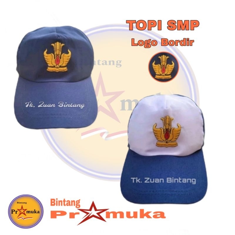 TOPI SMP BIRU POLOS BORDIR / TOPI SMP BIRU PUTIH BORDIR