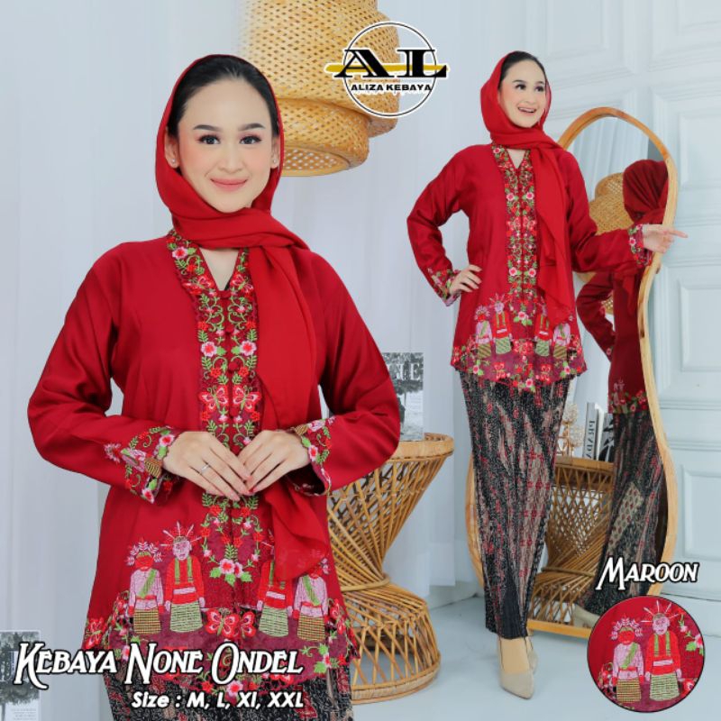 Setelan Kebaya Encim Ondel ondel free Selendang /Kebaya Encim adat Betawi Motif Ondel ondel Terbaru