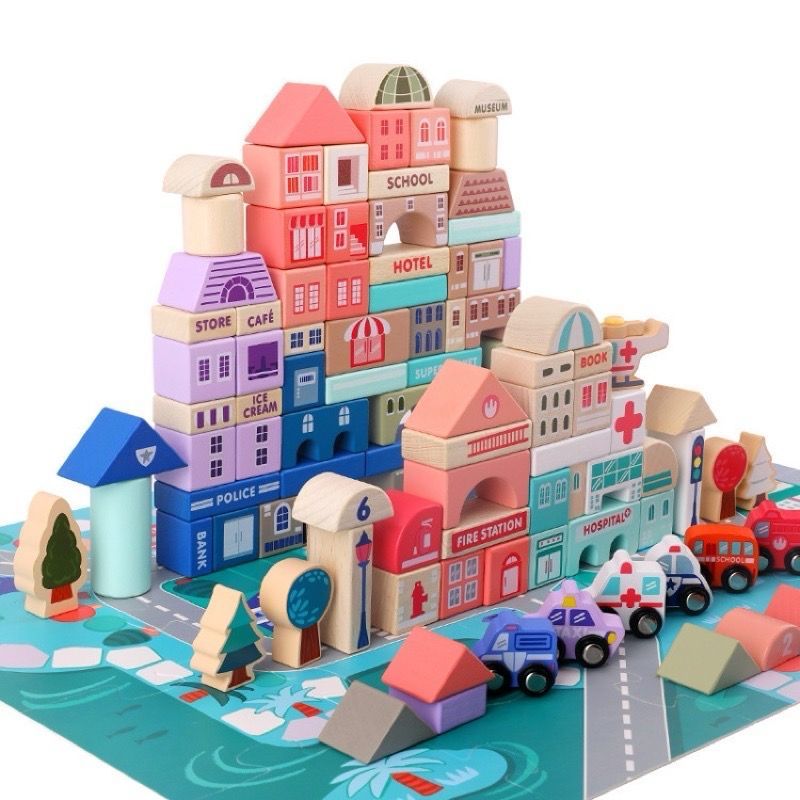 MAGIC COLOR CITY BUILDING BLOCKS URBAN PASTEL 115 PCS block kayu mainan anak balok 115PCS [Ready Sto